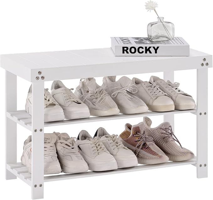 Apicizon Bamboo Shoe Rack for Entryway, 3-Tier Shoe Rack Bench for Front Indoor Entrance, Small Shoe Organizer with Storage, White by APICIZON