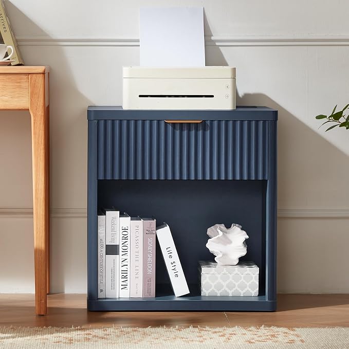 LEYAOYAO Fluted Nightstand with Charging Station, 23" Wide 1 Drawers End Table,Blue Night Stand with Open Storage Cabinet, Farmhouse Bed Side Tables, Wood Dresser for Bedroom, Living Room, Closet - Image 5