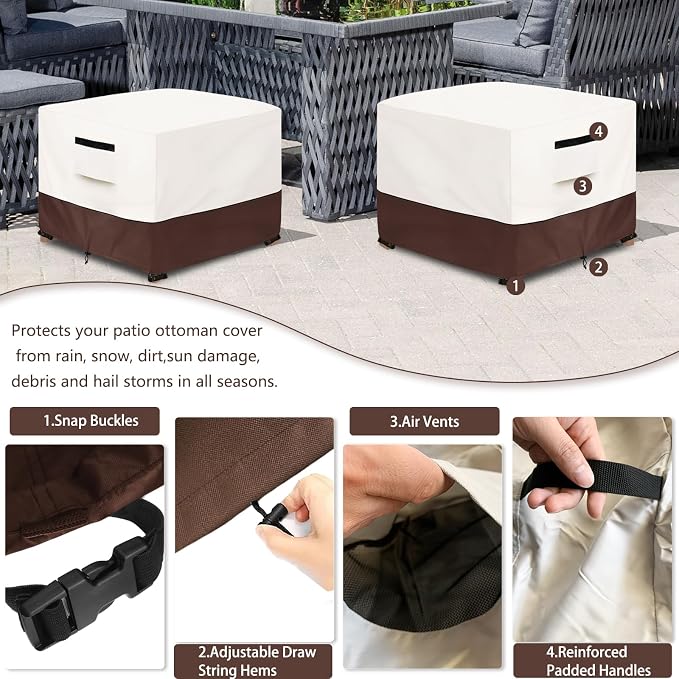 Patio Ottoman Cover,25W x 25D x 18H inch,Waterproof Square Patio Small Side Table Cover,Suitable for 3-Piece Outdoor Wicker Patio Bistro Set Side Table(Beige) - Image 4