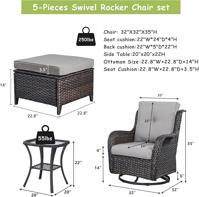 Rilyson Wicker Patio Furniture Set - 5 Piece Rattan Outdoor Sectional Conversation Sets with 2 Swivel Rocking Chairs,2 Ottomans and 1 Side Table for Porch Deck Garden(Brown/Grey)