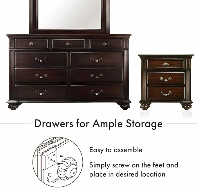 24/7 Shop at Home Syracuse 6-Piece Traditional Solid Wood Bedroom Set with Chest, Mirrored-Dresser and 2 Nightstands, Box Spring Required for Bedroom, Guest Room, Queen, Walnut
