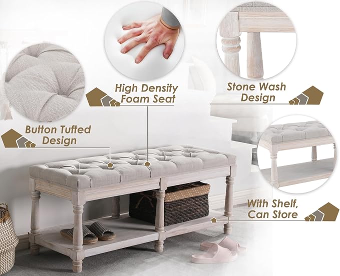 Farmhouse Storage Bench Wooden Entryway Upholstered Tufted Ottoman Bench for Bedroom End of Bed Hallway Organizer, Beige - Image 4