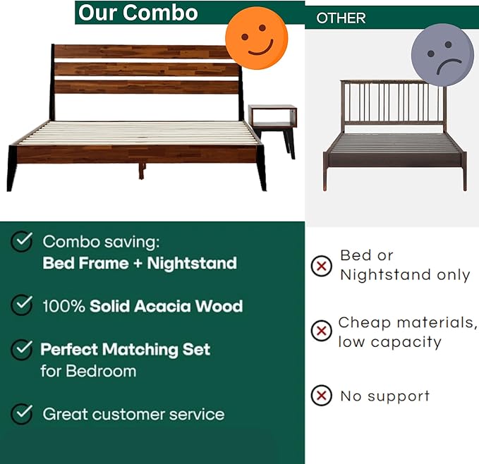 Acacia Emery Queen Solid Wood Platform Bed Frame with Headboard – Gift Matching Nightstand Included, Farmhouse Mid-Century Modern, Americano Finish, Sturdy, No Box Spring Needed, Easy Assembly