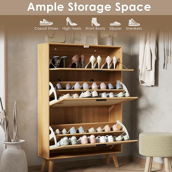 MU Natural Rattan Shoe Cabinet, Entryway Shoe Cabinet with 2 Flip Drawers and Hidden Cabinet, Boho Shoe Organizer Cabinet, Wooden Shoe Storage Cabinet for Entrance, Hallyway, Natural - Image 4