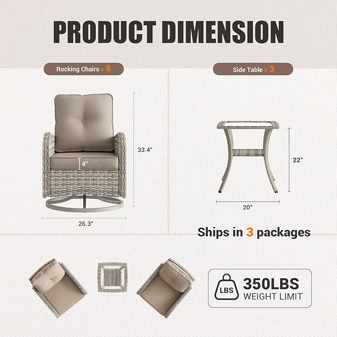 9-Piece Patio Rocking Swivel Chair Outdoor Wicker Rattan Bistro Set with Tempered Glass Side Table, Outdoor Patio Furniture Set for Garden, Deck, and Balcony, Beige