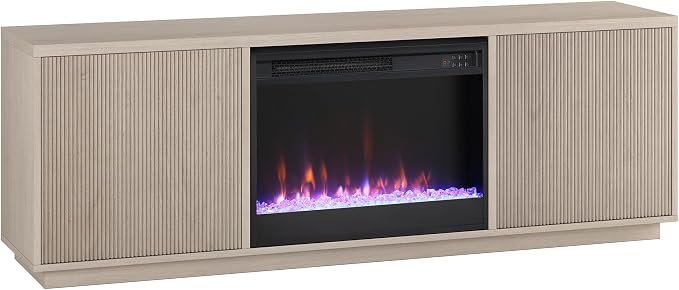 Henn&Hart Fluted TV Stand for TVs up to 75" with 26" Electric Crystal Rocks Fireplace and Ribbed Side Storage Cabinets for Living Room, Family Room, or Office, Beech White by HennHart