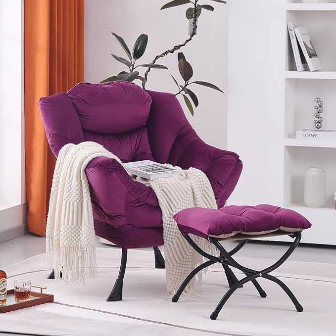 Lazy Chair with Ottoman, Modern Accent Chair Lounge Leisure Sofa Chair with Armrests, Reading Chair and Folding Footstool for Living Room, Bedroom, Office, Plush Pink