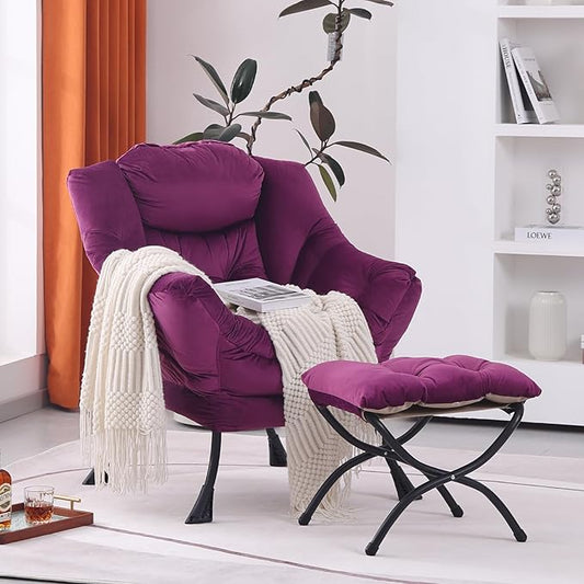 Lazy Chair with Ottoman, Modern Accent Chair Lounge Leisure Sofa Chair with Armrests, Reading Chair and Folding Footstool for Living Room, Bedroom, Office, Plush Pink