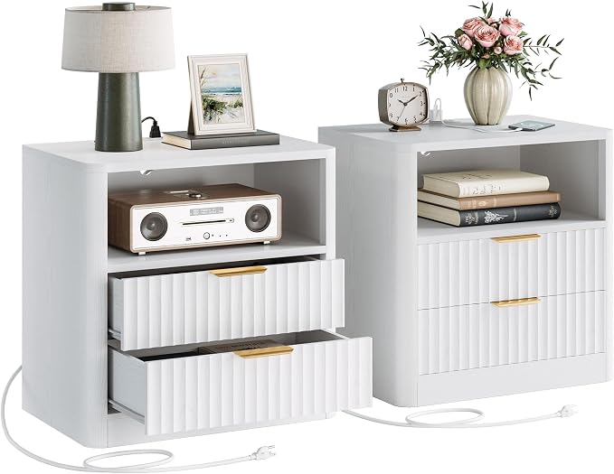 IRONCK Fluted Night Stand Set of 2, Modern Nightstand with Charging Station, Drawers and Open Shelves - Bedside Table Wood Side Table Set for Bedroom, White by IRONCK