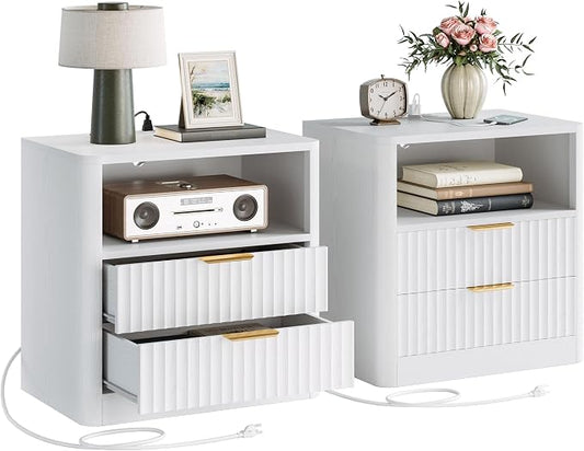 IRONCK Fluted Night Stand Set of 2, Modern Nightstand with Charging Station, Drawers and Open Shelves - Bedside Table Wood Side Table Set for Bedroom, White by IRONCK