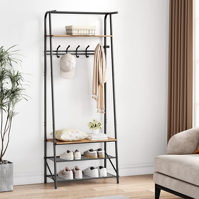 IDEALHOUSE Coat Rack Shoe Bench with 5 Hooks, Hall Trees Entryway Bench with Storage, Multifunctional Hallway Organizer, Wood Look Accent Furniture with Metal Frame for Entryway, Living Room, Bedroom by IDEALHOUSE