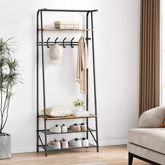 IDEALHOUSE Coat Rack Shoe Bench with 5 Hooks, Hall Trees Entryway Bench with Storage, Multifunctional Hallway Organizer, Wood Look Accent Furniture with Metal Frame for Entryway, Living Room, Bedroom by IDEALHOUSE