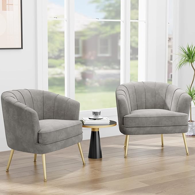Andeworld Velvet Accent Chair, Upholstered Modern Single Sofa Side Chair,Comfy Barrel Club Living Room Armchair with Golden Metal Legs for Bedroom Living Reading Room Office, Grey