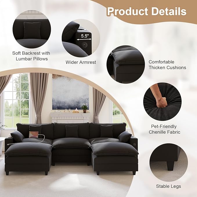 116" Modular Sectional Sofa, U Shaped Cloud Couch with Movable Ottoman, Chenille Deep Seat Cloud Sofa with Charging Station, Cup Holder, Side Pocket, Sectional Couches for Living Room, Black