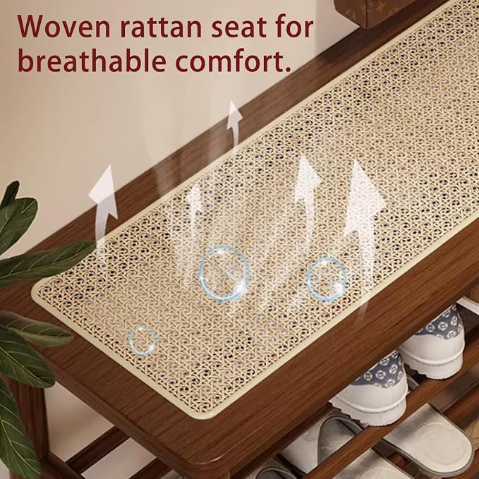 latifolia Shoe Rack Bench, 3-Tier Bamboo Shoe Bench with Breathable Rattan Seat Cushion, Shoe Storage Rack for Entryway(Walnut,23.62''L) - Image 6