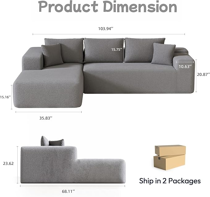 104” Sectional Cloud Couch, L-Shape Compressed Sofa with Right Chaise Lounge, Modular Cloud Couch with 2 Pillows & Deep Seat, Rain Drop Velvet Floor Sofa for Living Room, Light Gray