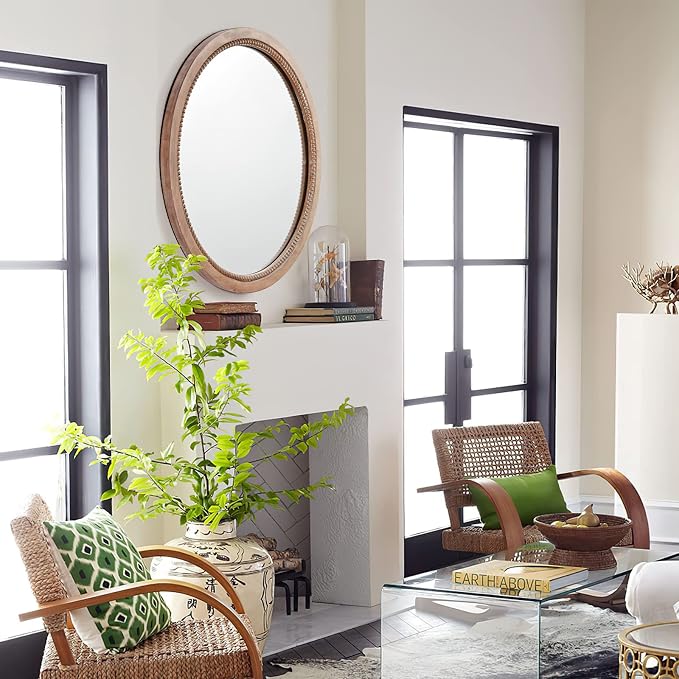 sawsile Round Wood Mirror,36 inch Circle Rustic Farmhouse Natural Wooden Frame Boho Beads Wall Mirror for Bathroom,Living Room,Bedroom or Entryway - Image 4