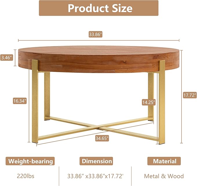 33.86" Round Coffee Table with X-Shaped Gold Metal Legs, Solid Wood Circle Table for Living Room, Retro Circular Table, Natural