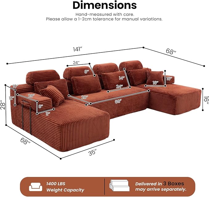 141" U-Shaped Cloud Modular Sectional Sofa with Chaise & Headrest, Boneless Deep Seat Plush Corduroy Couches for Large Living Room, No Assembly Required (Orange, 141" U-shapred Chaise)