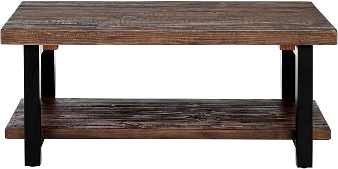 Alaterre Furniture Pomona Living Room Tables – 42 Inch Rectangular Solid Wood Coffee Table with Storage Shelf & Metal Legs – Rustic Industrial Farmhouse Living Room Table (Rustic Brown)