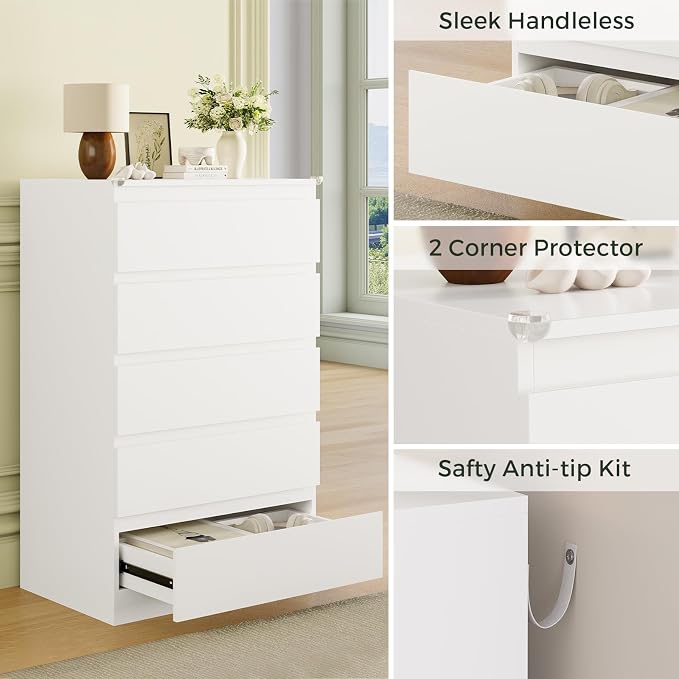OtterOasis White Wood Dresser for Bedroom, 5 Drawer for Clothes Storage, Modern Dresser with Wide Drawers, Wide Wooden Chest Drawers for Living Room, Entryway, TV Stand - Image 5