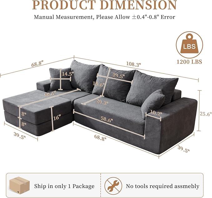 108'' Modular Sectional Couch, Modern 3-Seater Boneless Cloud Sleeper Sofa, L-Shaped Convertible Sectional with Non-Slip Bottom, No Assembly Required, Deep Seats Couch for Living Room, Grey