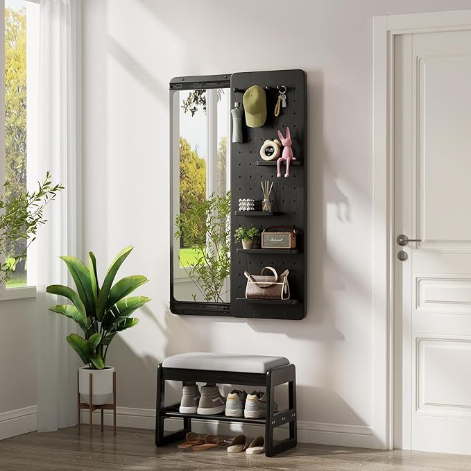 KungFuWood Full Length Mirror with Shelf and Hooks,Entry Way Mirrors for Wall,Wall Mirror with Shelf,Wall Mirror with Storage Multifunctional Design Panel,Living Room by VisittheKungFuWood