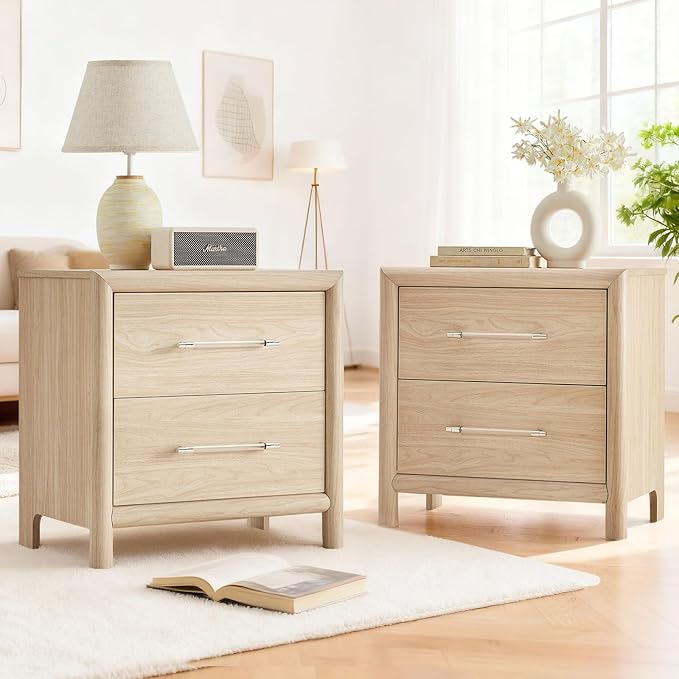 Bed Frame and Nightstand Set, Queen Wood Bed Frame with Headboard and 2 2-Drawer Nightstands, 3 Pieces Mid-Century Modern Bedroom Furniture Set, Natural Ash