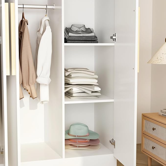 FUFU&GAGA Wardrobe Closet with 4 Doors, White Bedroom Armoire with Shelves, 2 Hanging Rods, Modern Clothes Storage Cabinet with Wood Handles for Guest Room Cloakroom, 63”W x 19.7”D x 69.7”H