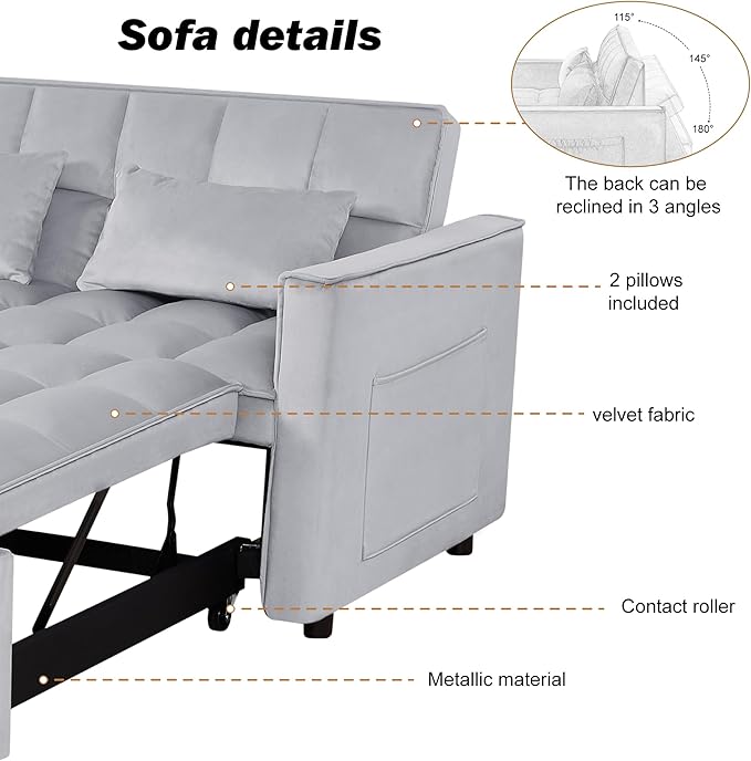 3 in 1 Convertible Sleeper Sofa Bed, Pull Out Couch Loveseat Futon, Adjustable Backrest Velvet Sofa with Pillows and Side Pockets for Living Room Apartment, Light Grey