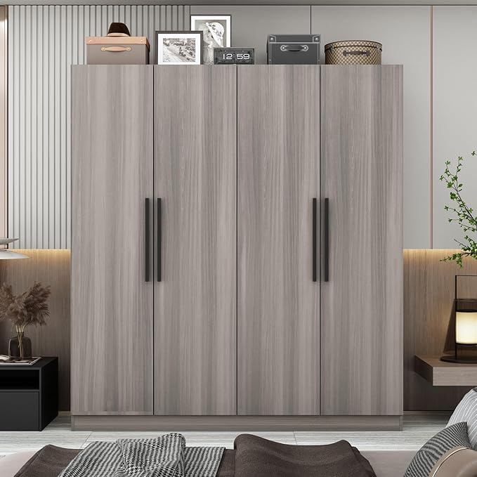 MOUMON 4 Door Wardrobe with Shelves, Armoire Wardrobe Closet with Hanging Rod, Armoire Closet with Wooden Handles, Grey 18.9" D x 63”W x 70.9”H