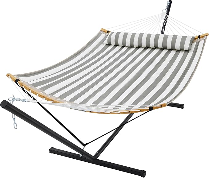 SUPERJARE Curved-Bar Hammock with Stand, 2 Person Heavy Duty Hammock Frame, Detachable Pillow & Portable Carrying Bag, Perfect for Outdoor & Indoor, Black and White Stripe by SUPERJARE