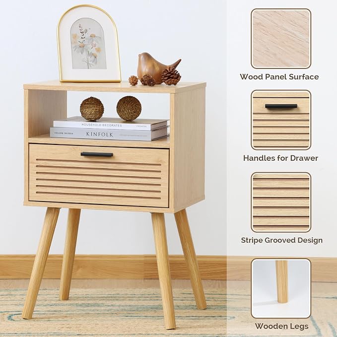 2 Sets Striped Grooved Nightstand with Solid Wood Storage Drawer, Bedside Table for Bedroom Living Room Dorm, 2 Tier Modern Night Stands for Small Space, Minimalist Bed Table (Double Layer, 2 Sets) - Image 6