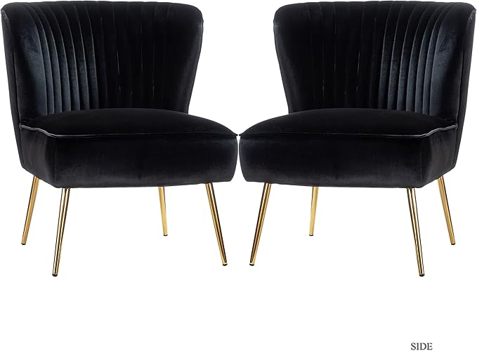 HULALA Home Velvet Accent Chair Set of 2, Modern Armless Upholstered Side Chair with Glam Gold Metal Legs for Vanity Living Room Bedroom - Black