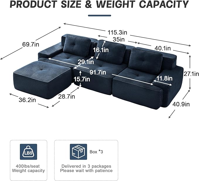 Casaphoria 115'' Boneless Sofa with Ottoman, 3-Seater Modular Couch with 3 Pillows for Living Room, L Shape Cloud Sectional Sofa, No Assembly, Blue