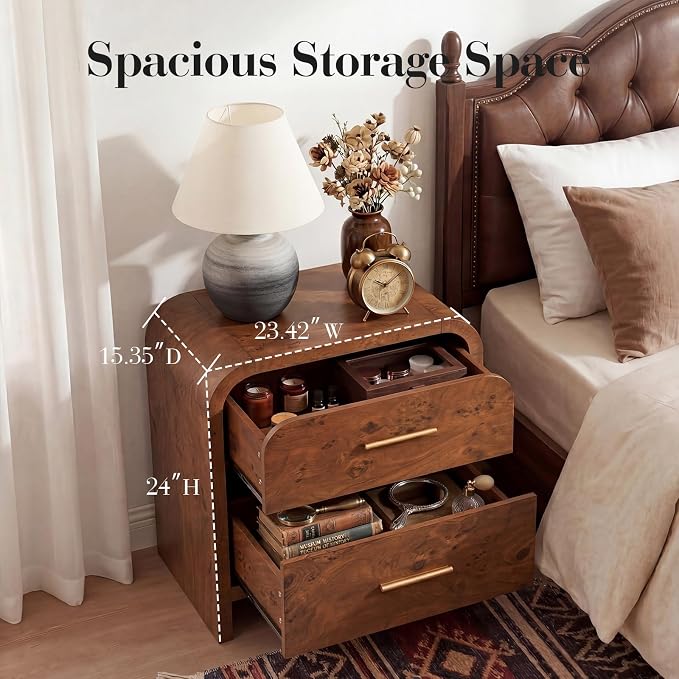 Night Stand Set of 2 [Unique Curved Profile] [FSC-Certified Wooden Board] 2-Drawer Nightstand 24" H Metal Handle Modern Sturdy Bedside Table Side Table End Table - Image 2