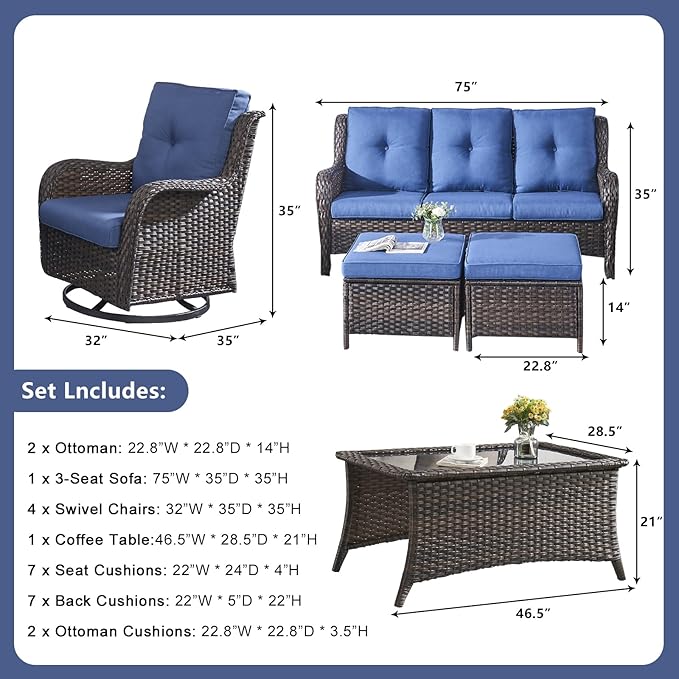Rilyson Wicker Patio Furniture Set - 8 Piece Rattan Outdoor Sectional Conversation Sets with 4 Swivel Rocking Chairs,2 Ottomans,1 Sofa and 1 Coffee Table for Porch Deck Garden(Brown/Blue)