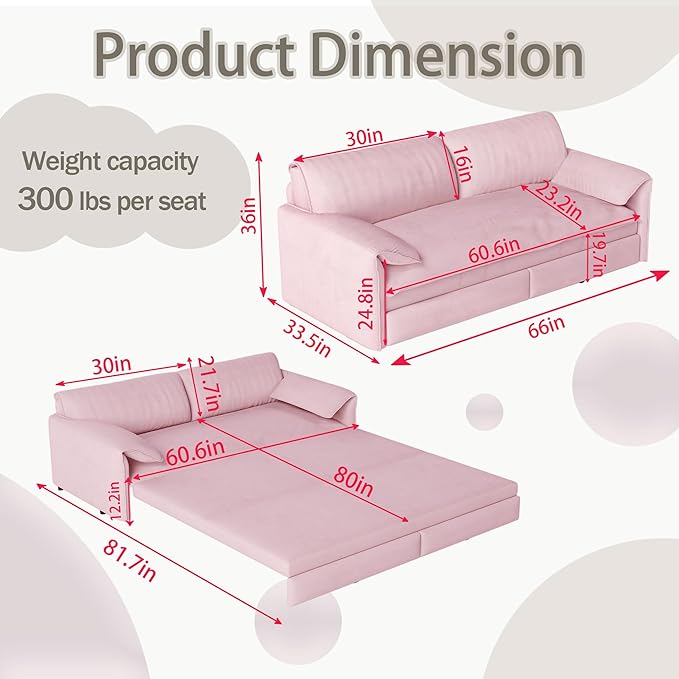 66" Queen Size Pull Out Sofa Bed, 3-in-1 Convertible Sleeper with Side Storage and Wheels, Velvet Loveseat for Living Room, Apartment, Bedroom, Pink (Mattress & Bedding Not Included)