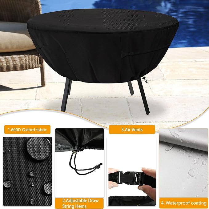 Round Patio Table Cover,Suitable for 36 Inch Diameter Patio Round Table,Waterproof Heavy Duty Round Outdoor Coffee Table Cover,Black - Image 3