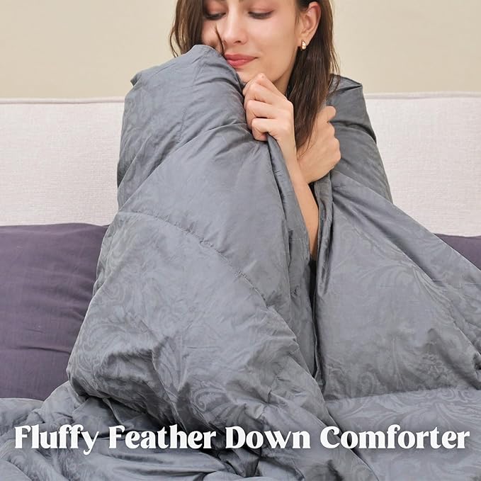 DAICO Goose Feather Down Comforter King Size, All Season Luxury Hotel Fluffy Duvet Insert, Ultra Soft 100% Cotton Shell with 8 Corner Tabs, Paisley Design (106x90'', Grey)