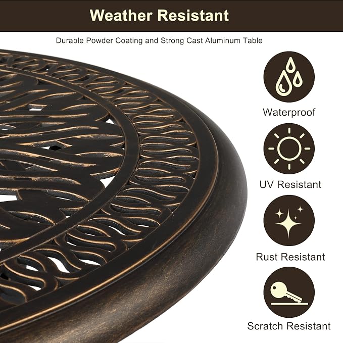 VINGLI 5 Pieces Outdoor Patio Dining Set, Cast Aluminium Patio Furniture Set with 4 Chairs and 1 Umbrella Table for Yard, Garden, Porch and Poolside, Bronze - Image 4