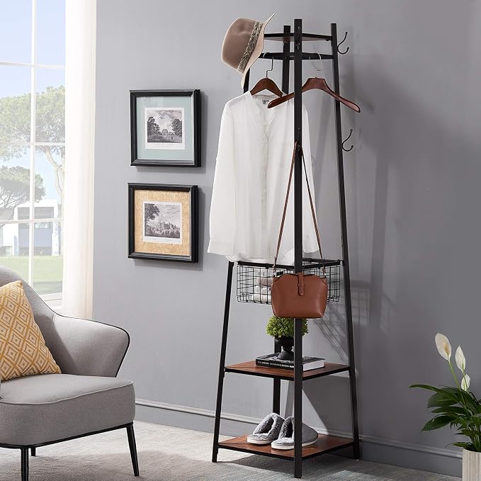 VECELO Coat Rack Freestanding, Entryway Hanger Stand, Umbrella Holder, Hall Tree With Hooks, Floor Standing Metal Tree Stand,Brown - Image 7