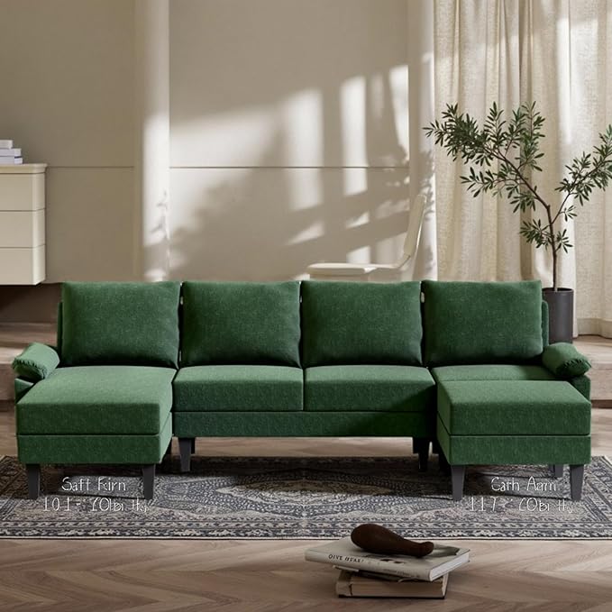 Sectional Couches for Living Room Furniture Sets, 4 Seat Modular Sectional Sofas for Living Room Set with Removable Ottoman, L Shaped Couch Set with 2 Armrest for Apartment, Green