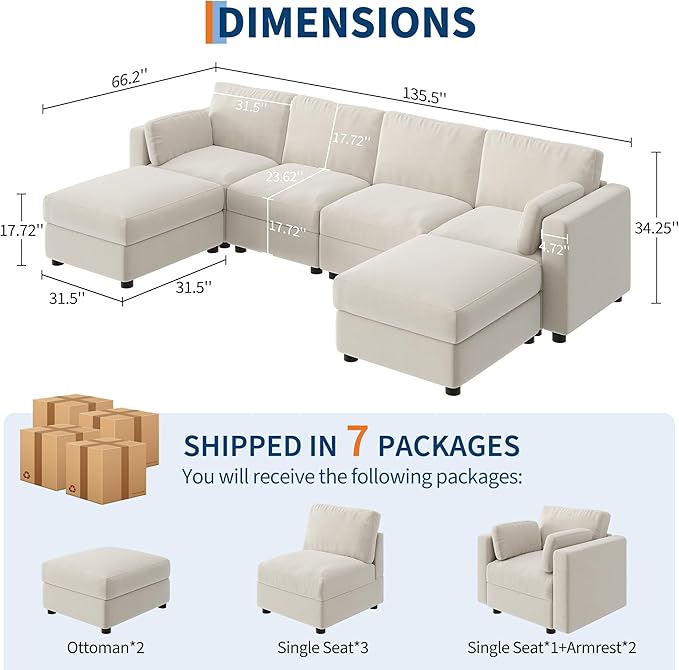 GarveeHome 135.5" Modular Sectional Sofa, 6 Seater Sectional Couch, U Shaped Sofa with Ottoman, Oversized Convertible Modular Couch for Living Room Apartment Office, Chenille Beige
