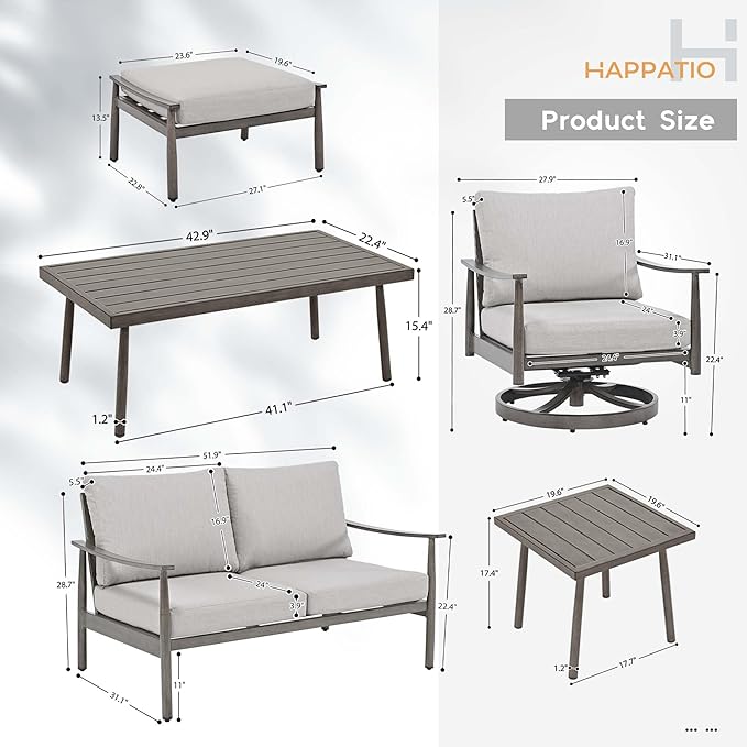 HAPPATIO Patio Outdoor Furniture Set - 7 Pieces Aluminum Outdoor Conversation Set Includes 1 Loveseat, 1 Side Table, 1 Coffee Table, 2 Swivel Chairs, and 2 Ottomans for Porch, Yard, Lawn (Grey)