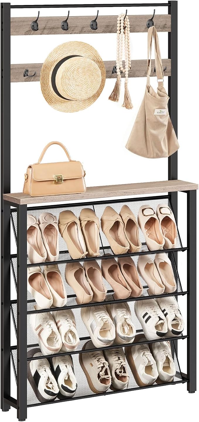 HOOBRO Hall Tree with Bench, Narrow Shoe Rack with Coat Rack, Coat Rack with Shoe Storage, 5 Tier Slanted Shoe Storage Organizer, Coat and Shoe Rack Entryway, Slim Hall Tree, Greige BG20MT01 - Image 8