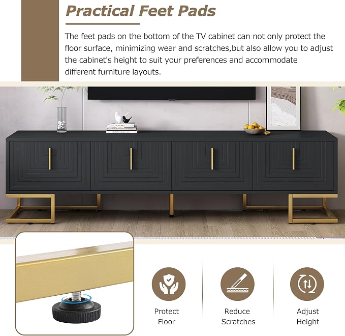ON-TREND Modern TV Stand with Metal Legs and Gold Handles for TVs Up to 80'', Media Console Table with Cabinets and Adjustable Shelves, Luxury TV Cabinet with Geometric Lines for Living Room, Black - Image 3