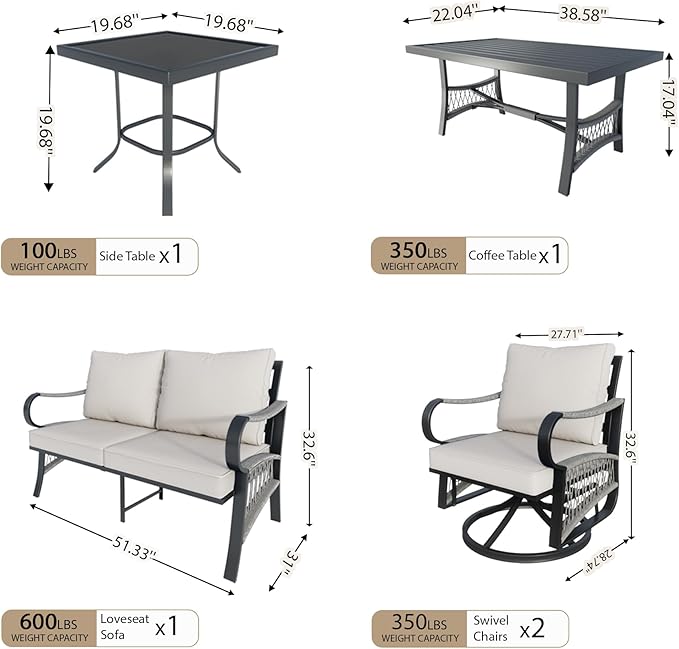 5 Pieces Outdoor Patio Conversation Sets, Outdoor Furniture Set Metal Swivel Rocking Chairs with Side Table, Loveseat Sofa with Coffee Table for Backyard Deck Porch Poolside, Beige