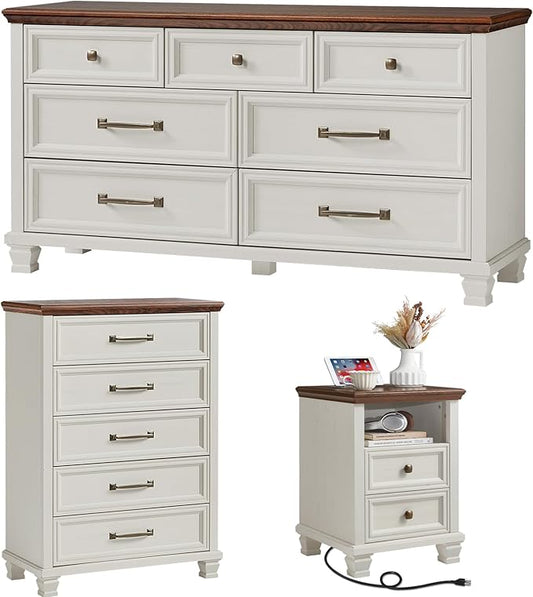 SAVOR LIFE Farmhouse Dresser and Nightstand Sets 3 Piece, 5/7 Drawer Dresser & 2 Drawer Nightstand Set, Rustic Wood Bedroom Furniture Set for Home, Bedroom, Hallway, White