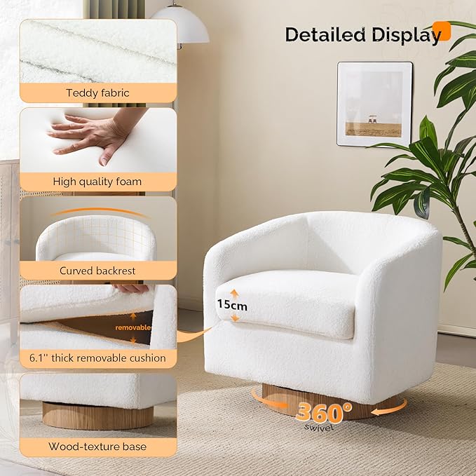 VINGLI 360°Swivel Accent Chairs Set of 2 with Engineered Wood Base and Removable Cushion for Living Room, Bedroom, Curved Back Barrel Chairs for Small Space, Upholstered Bucket Armchairs, Teddy White